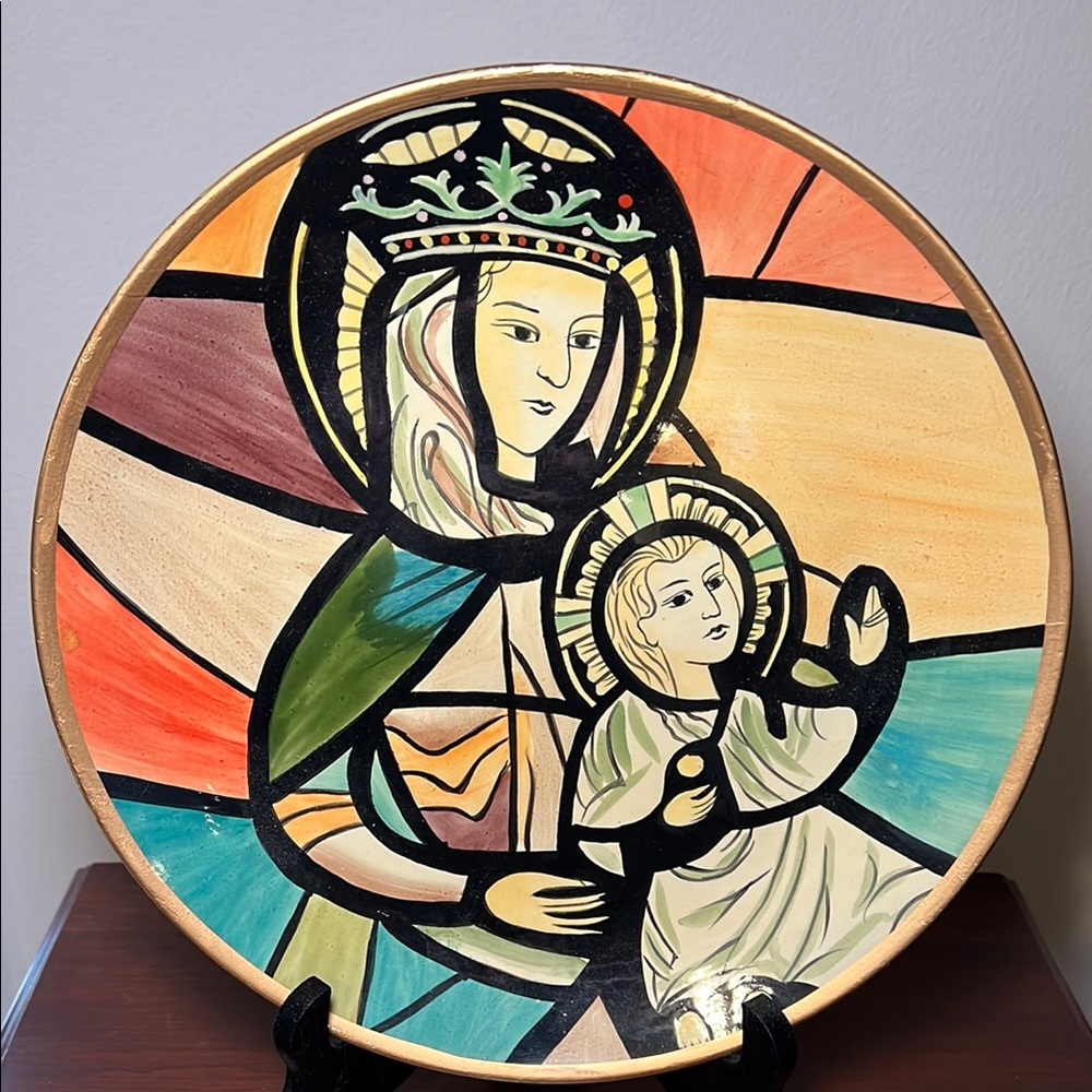 Vintage Madonna & Child Stained Glass Style Handpainted Decorative Plate & Stand